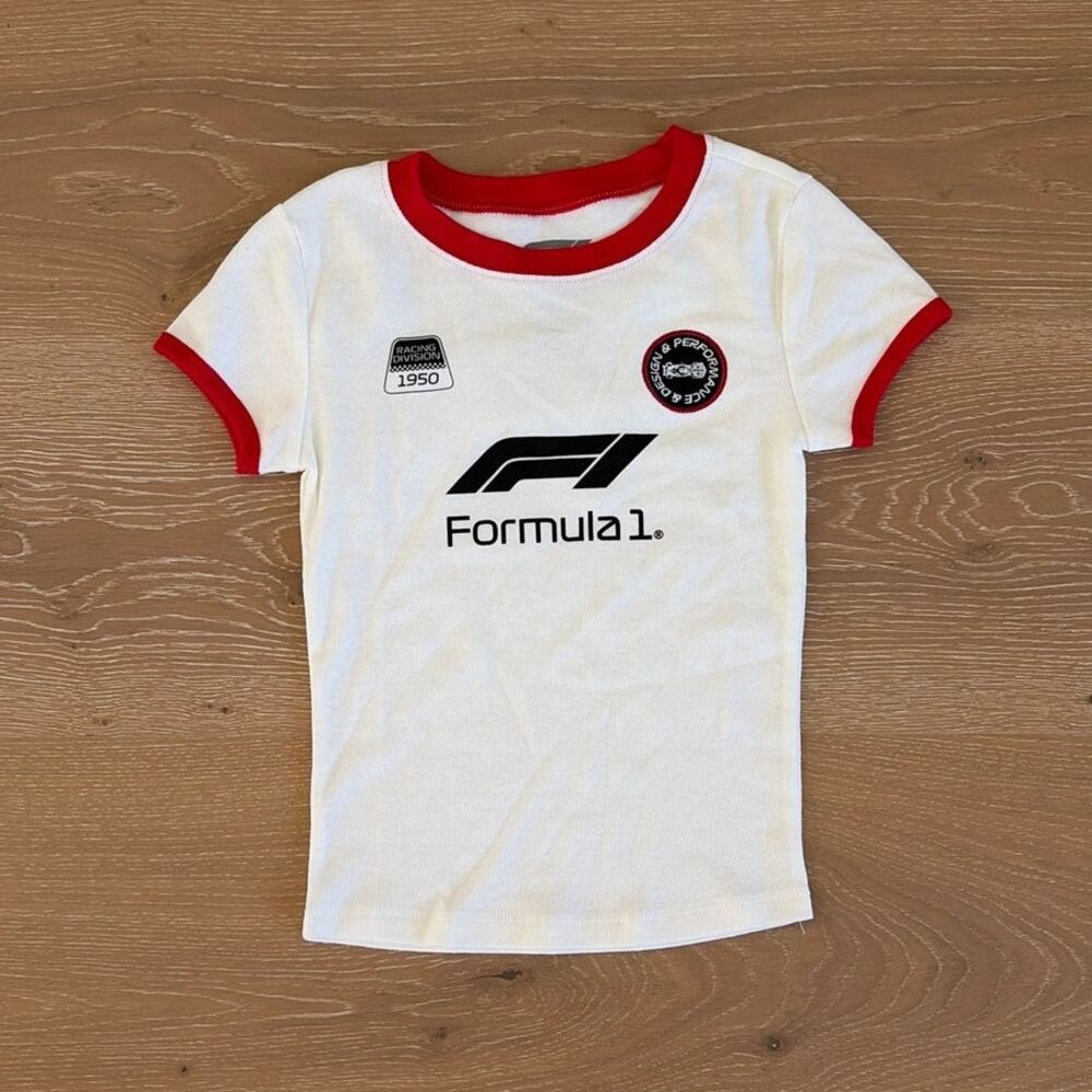 Aeropostale Formula 1 Graphic Tee Racing Cropped Ringer Size XS White Red Black